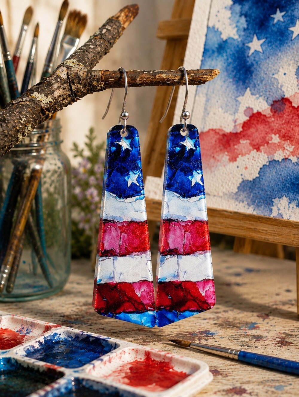 Americana Watercolor Earrings Wearable Art Patriotic Jewelry Hand Crafted